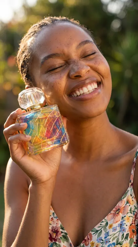 A smiling woman holding a Miamora perfume bottle to her cheek