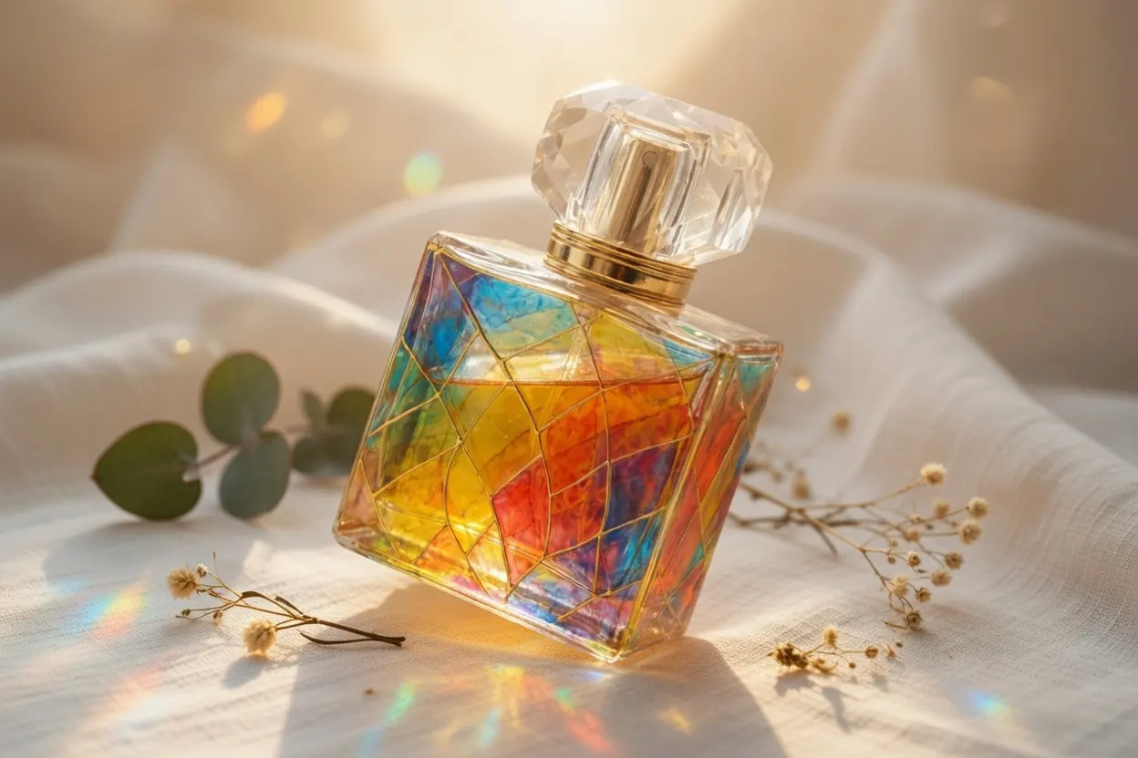 A Miamora perfume bottle catching the afternoon light